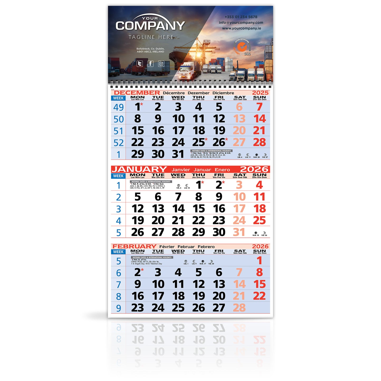 Three Month to View - Tall Wirebound Custom Calendar