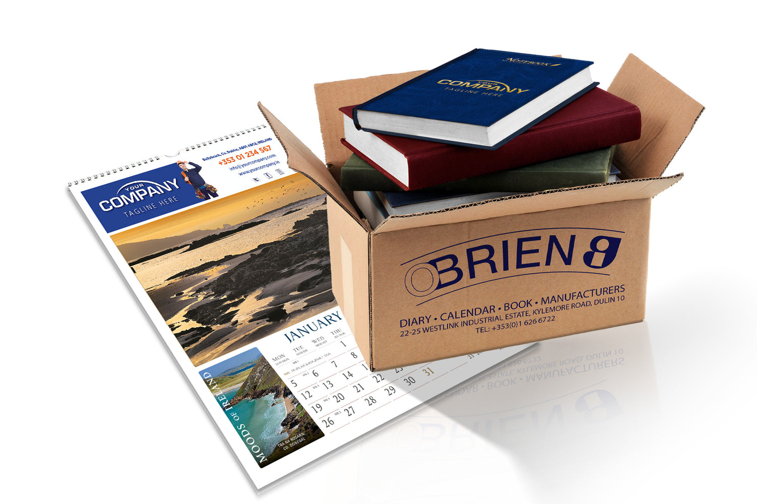 Box containing OBrien branded items including a calendar and books on a white background